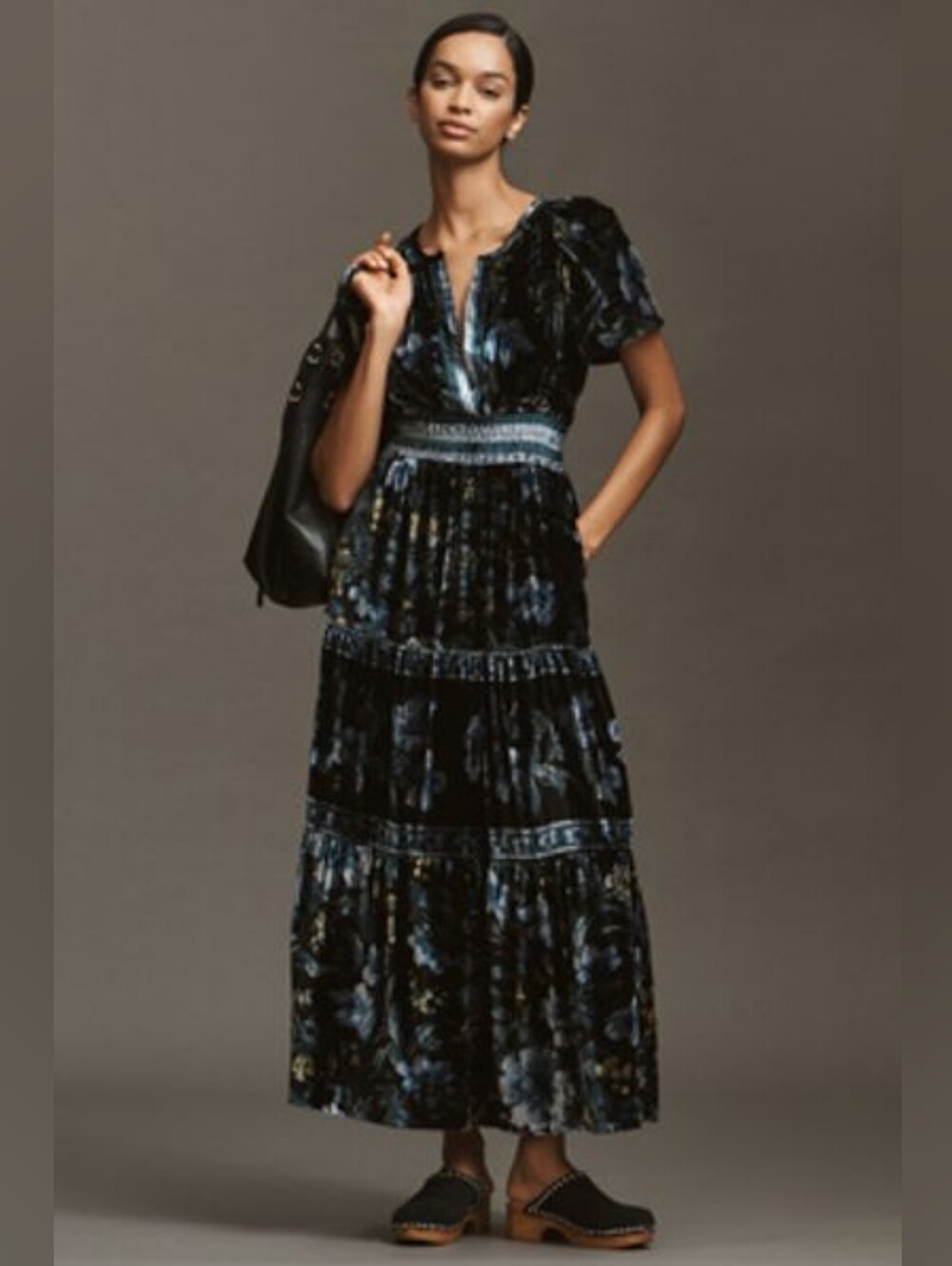 Anthropologie Black Velvet Maxi Dress with Blue Floral Print